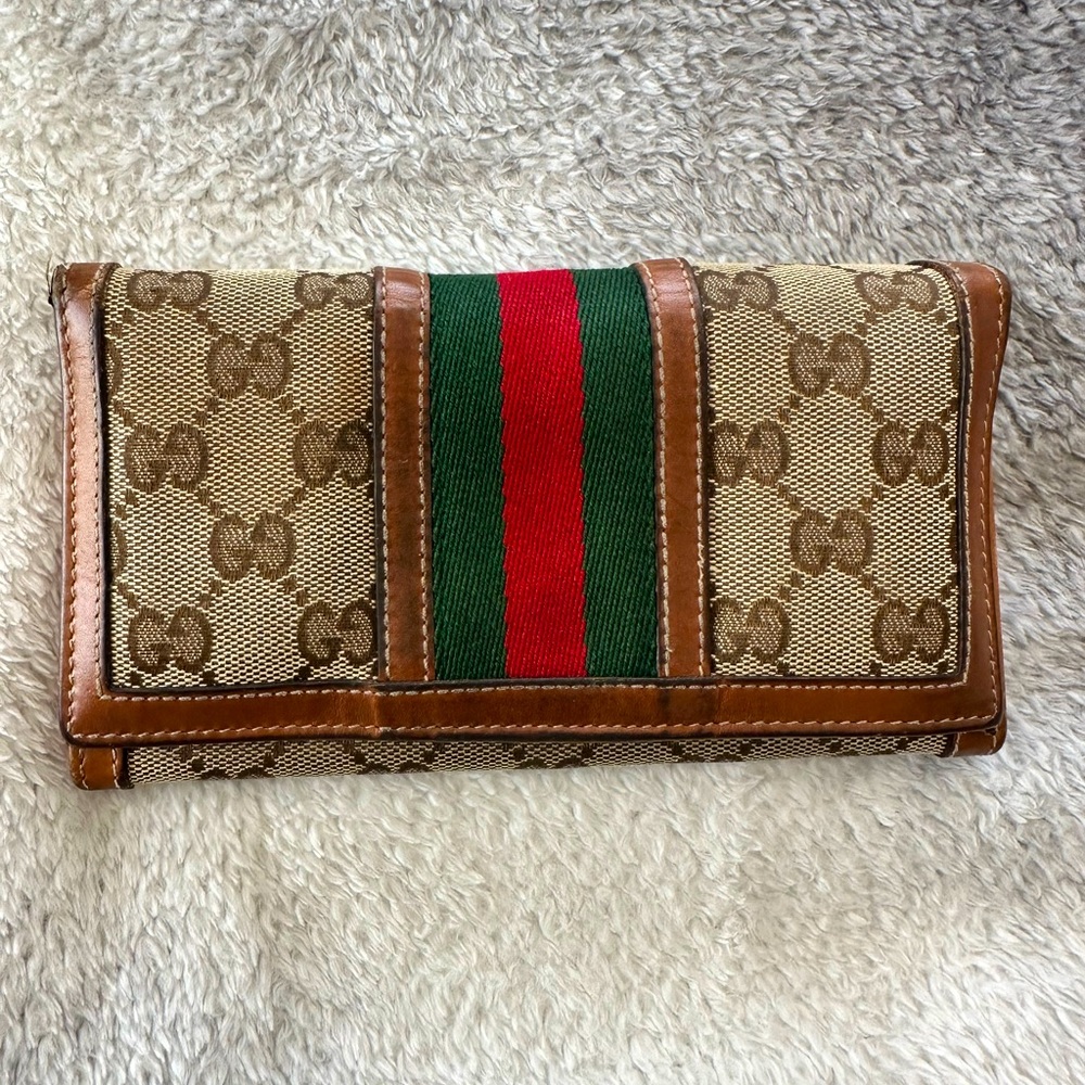GUCCI Monogram Vintage Web Continental Wallet Tobacco